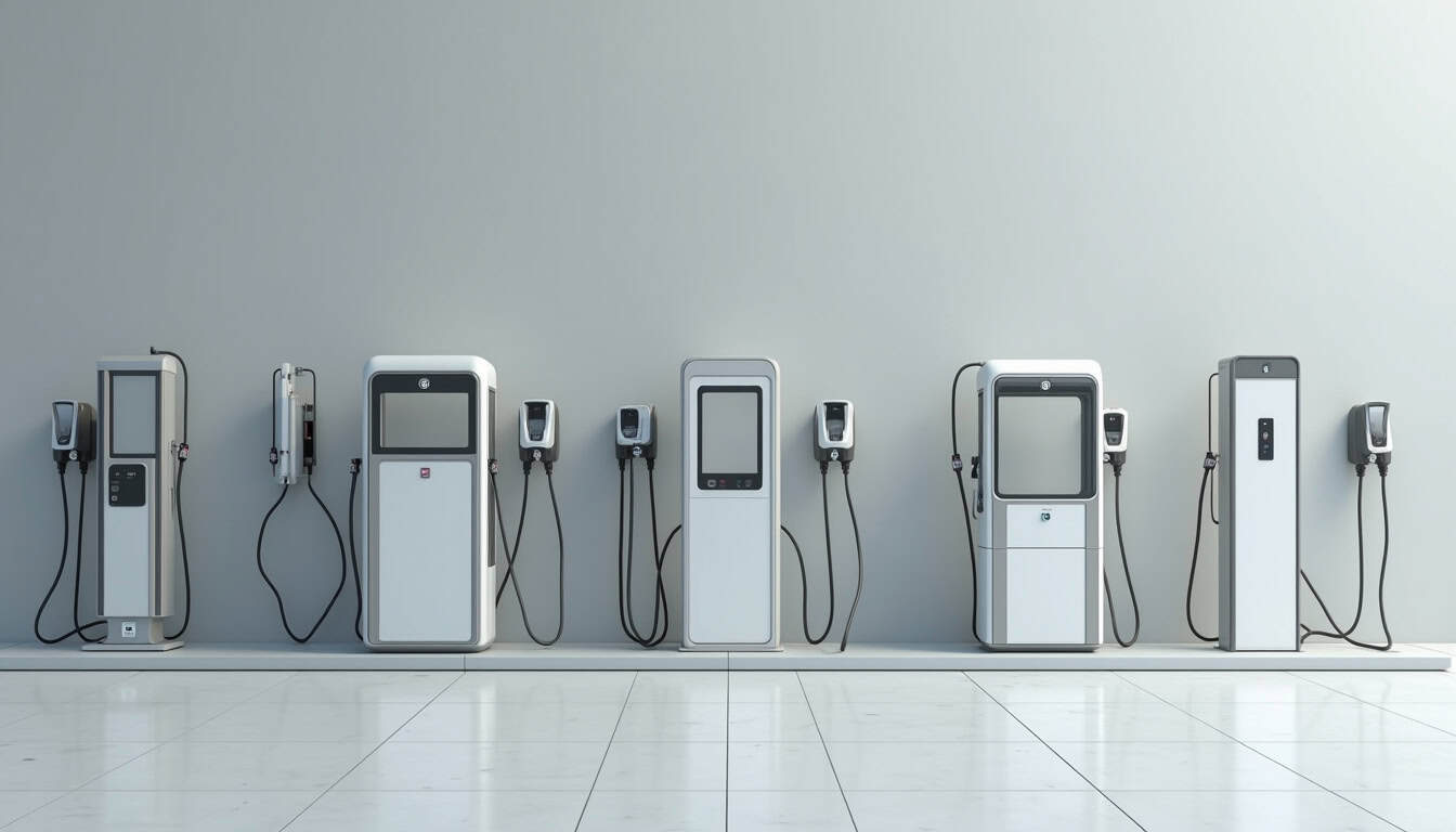 Différents modèles de bornes de recharge électrique posés au sol