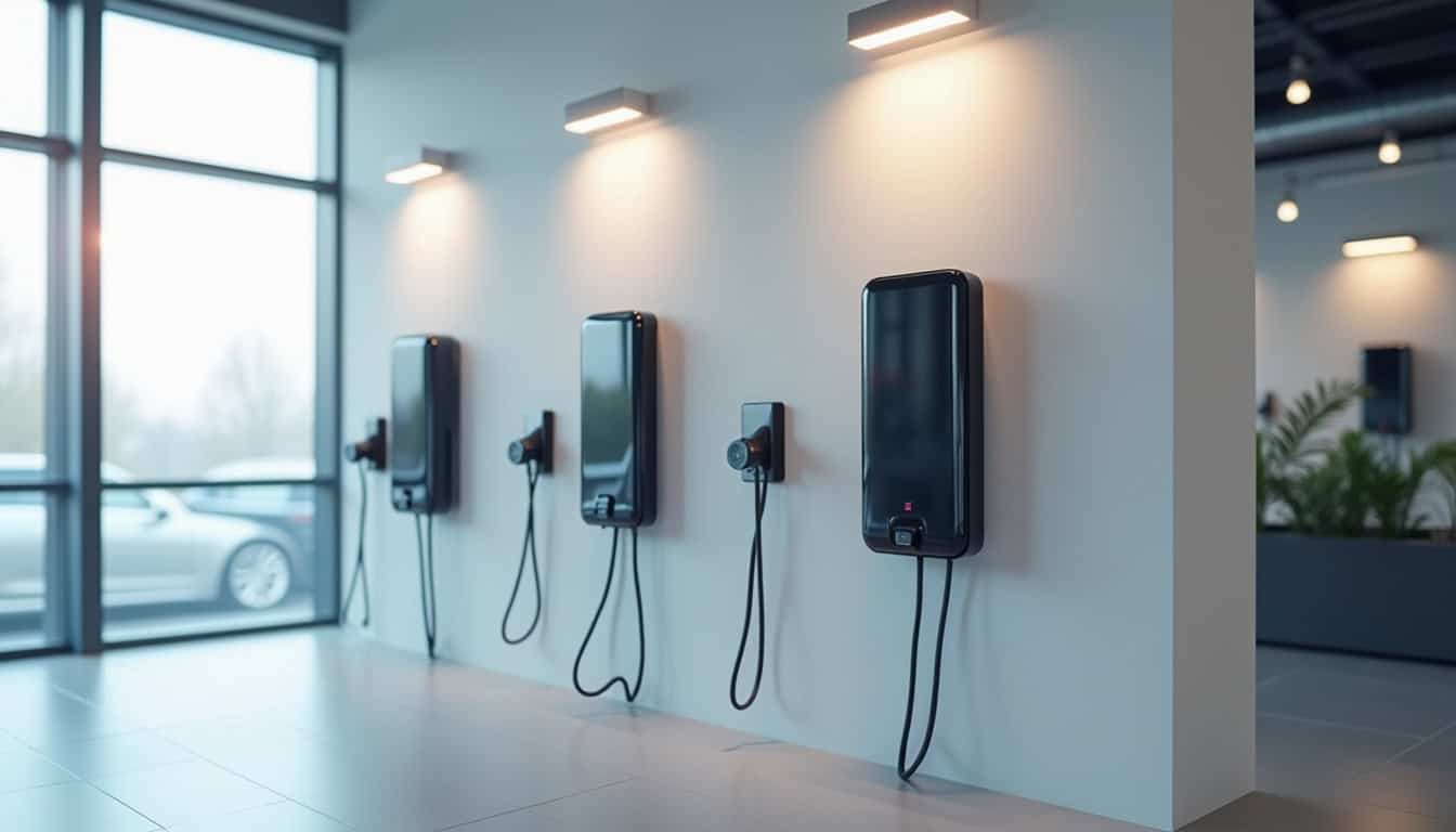 Différents modèles de bornes de recharge murales et prises renforcées exposés en intérieur