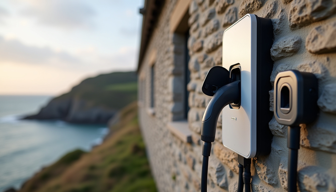 Différents modèles de bornes de recharge murales et prises renforcées installées en extérieur dans le Finistère