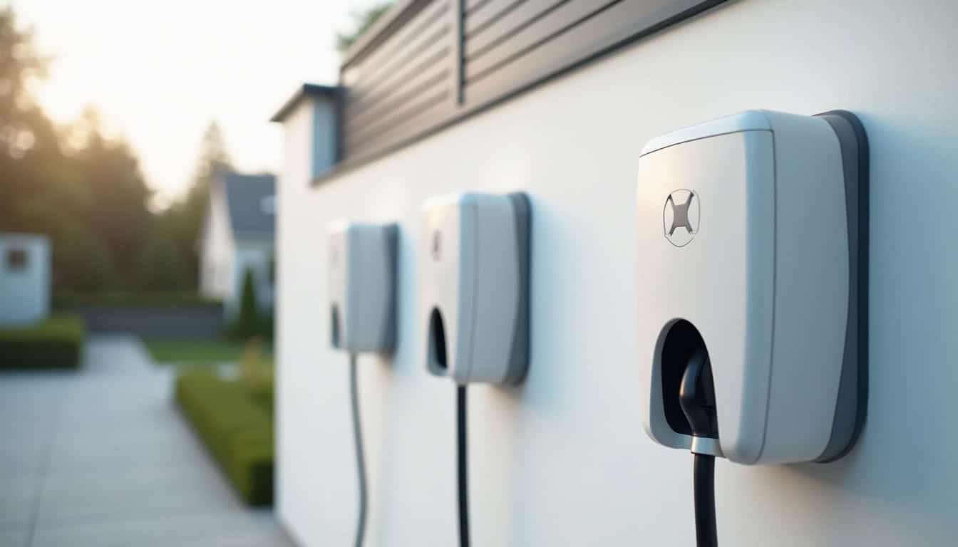 Différents modèles de bornes de recharge murales installées à l