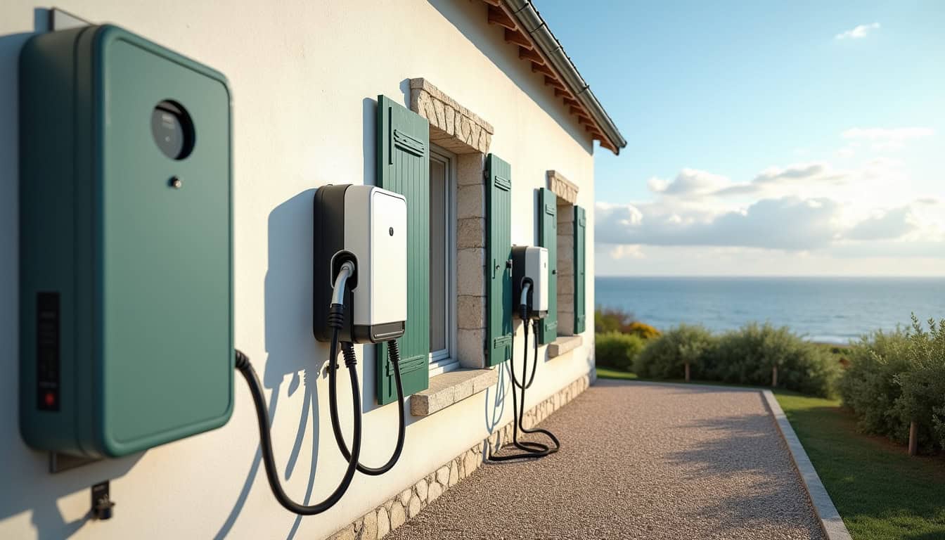 Différents modèles de bornes de recharge murales installées à l'extérieur d'une maison à Jard-sur-Mer