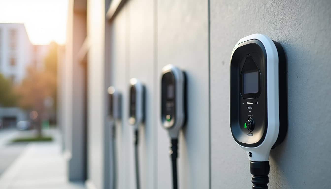 Différents modèles de bornes de recharge murales pour véhicules électriques, posées sur un mur extérieur