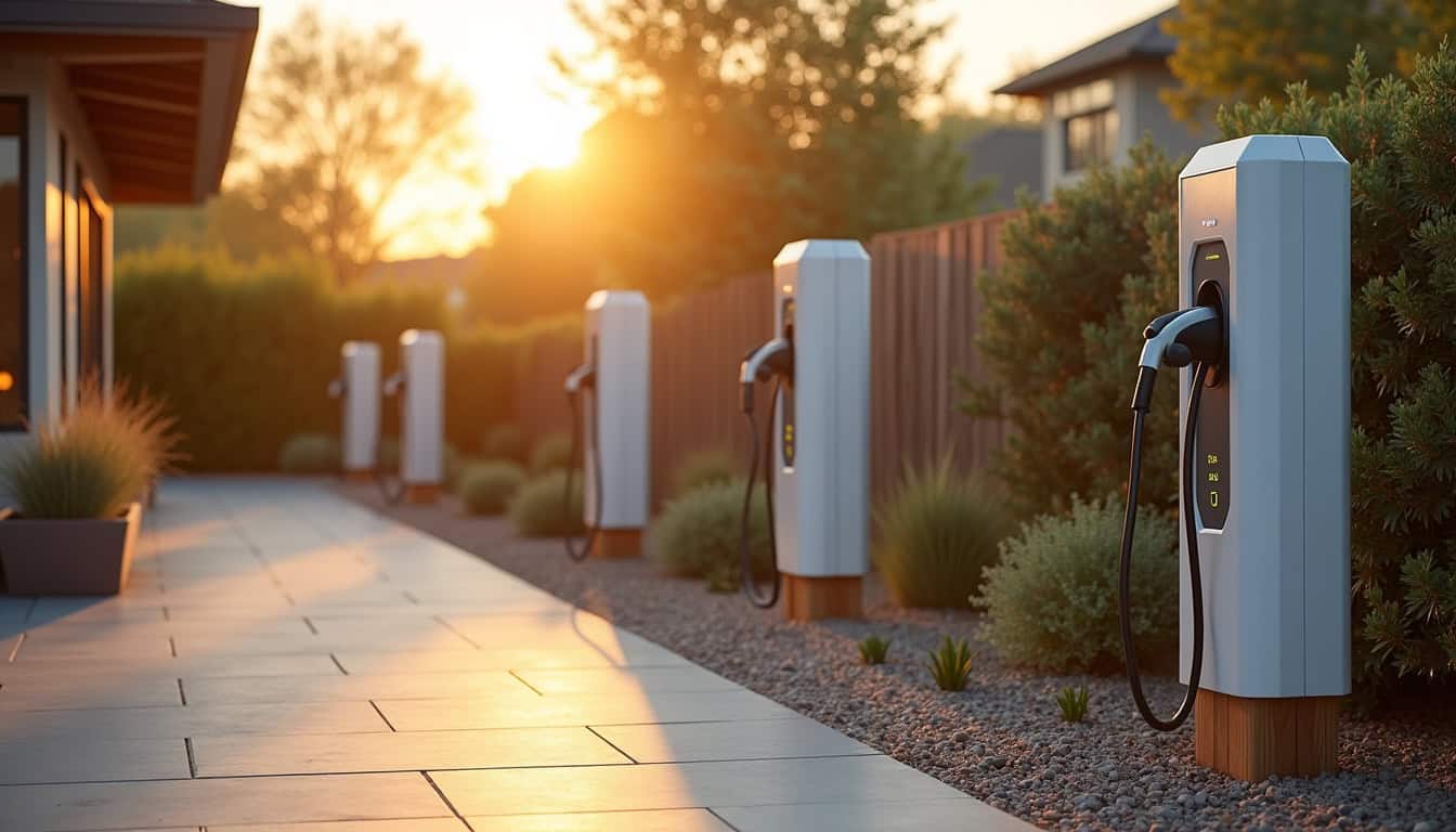 Différents modèles de bornes de recharge pour véhicules électriques installées dans une cour privée