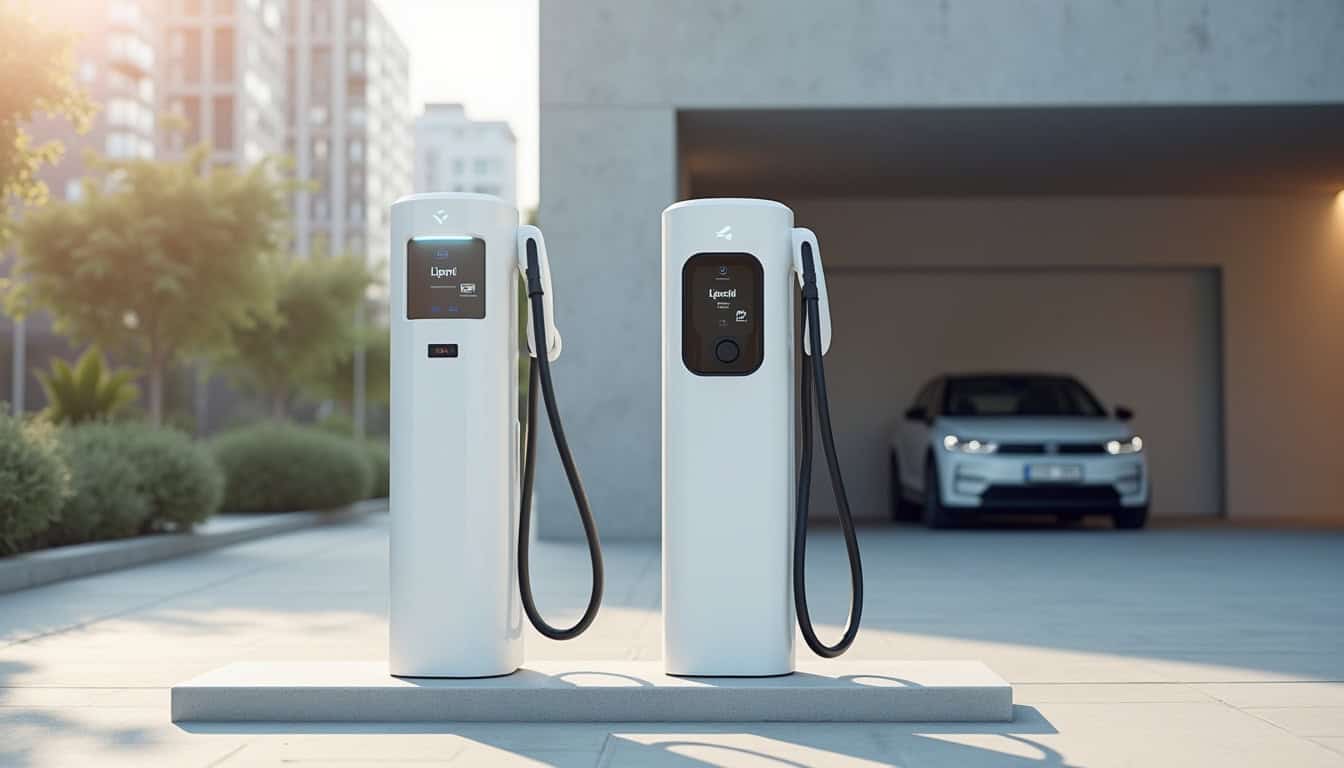 Différents modèles de bornes de recharge pour véhicules électriques installées en extérieur et en intérieur
