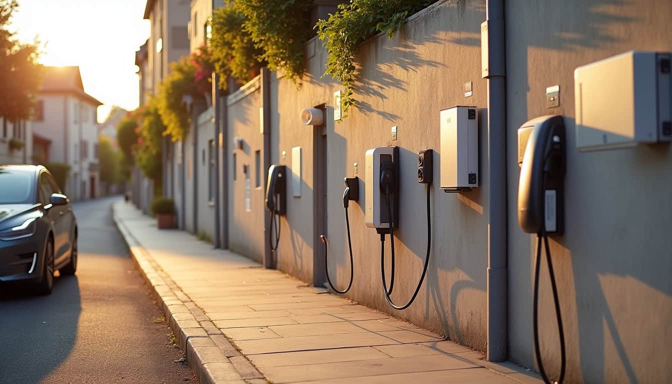 Différents modèles de bornes de recharge pour véhicules électriques installées en extérieur