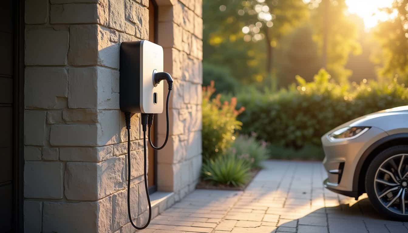 Différents modèles de bornes de recharge pour véhicules électriques installés en extérieur