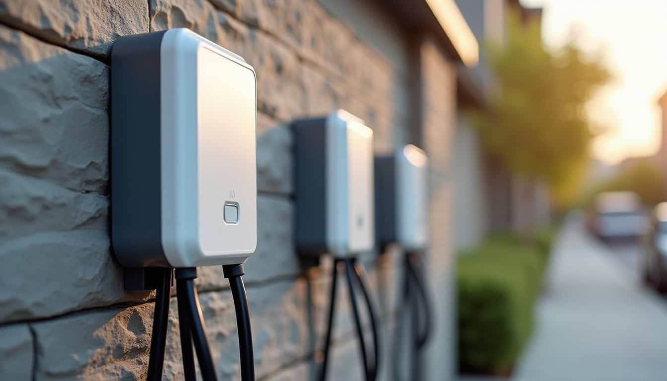 Différents modèles de bornes électriques en cours d'installation sur un mur extérieur