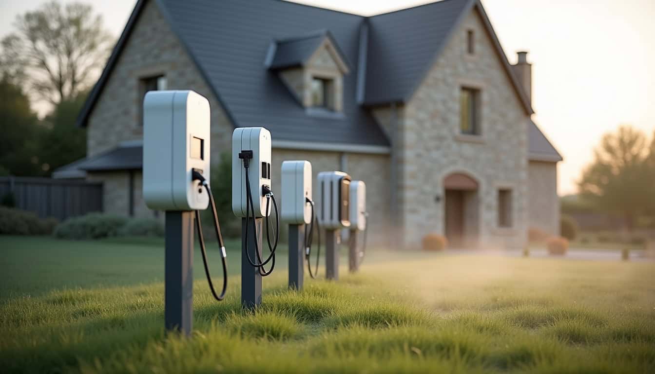 Différents modèles de bornes électriques installées devant une maison à Étalans, illustrant les formats classiques