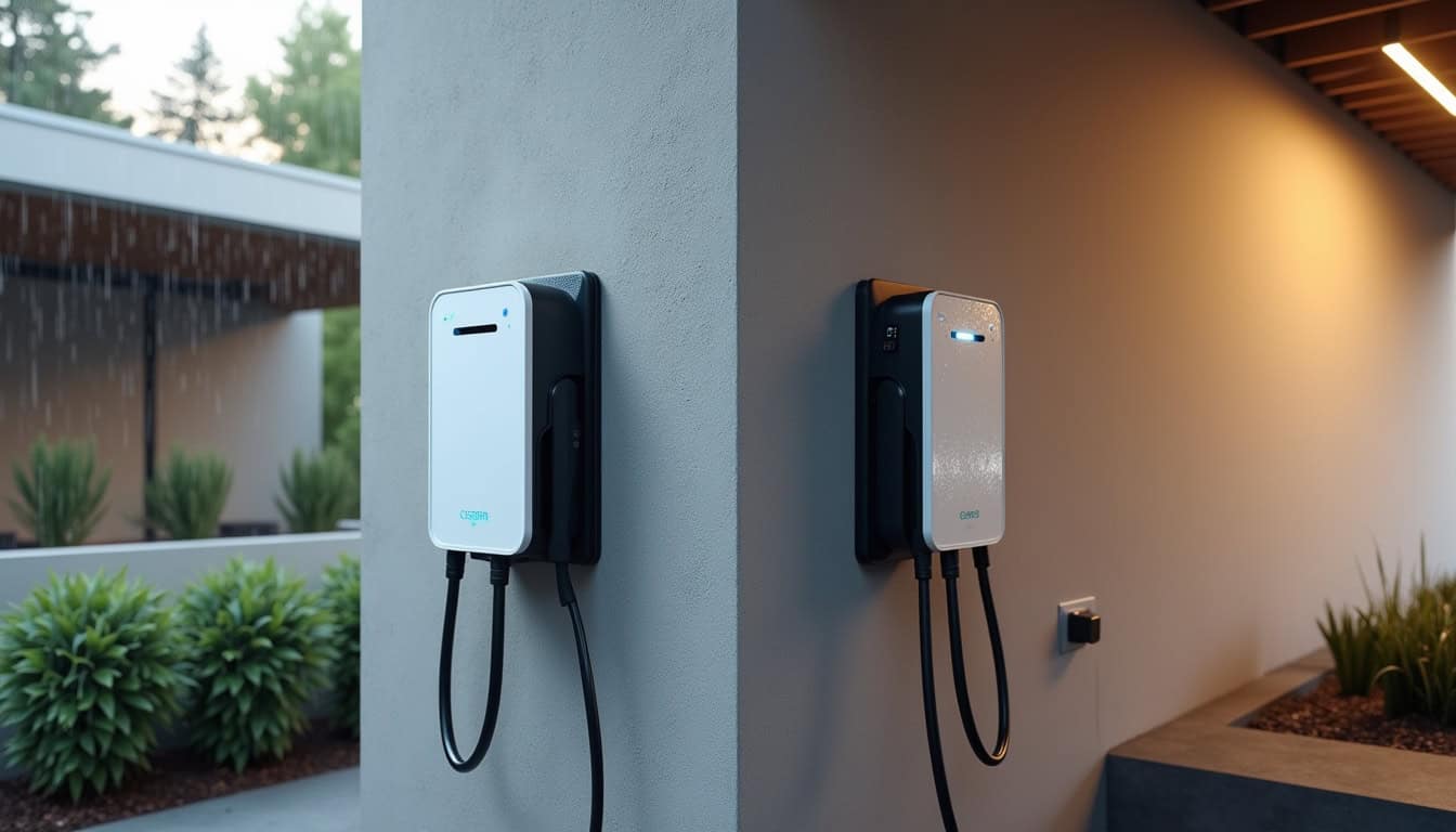 Différents modèles de bornes électriques installées en extérieur et en garage