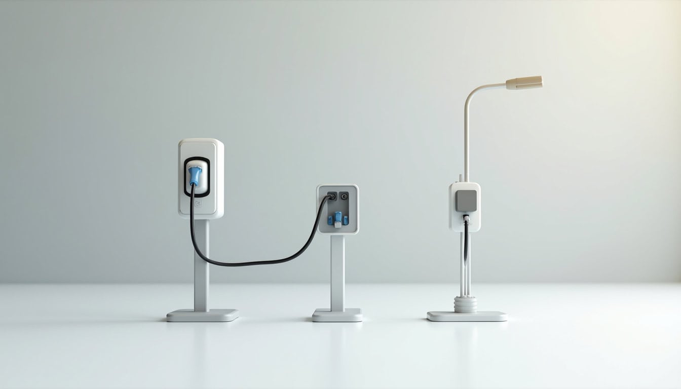 Différents types de bornes de recharge électrique installées à Fontenay-le-Fleury: wallbox, prise renforcée et borne publique
