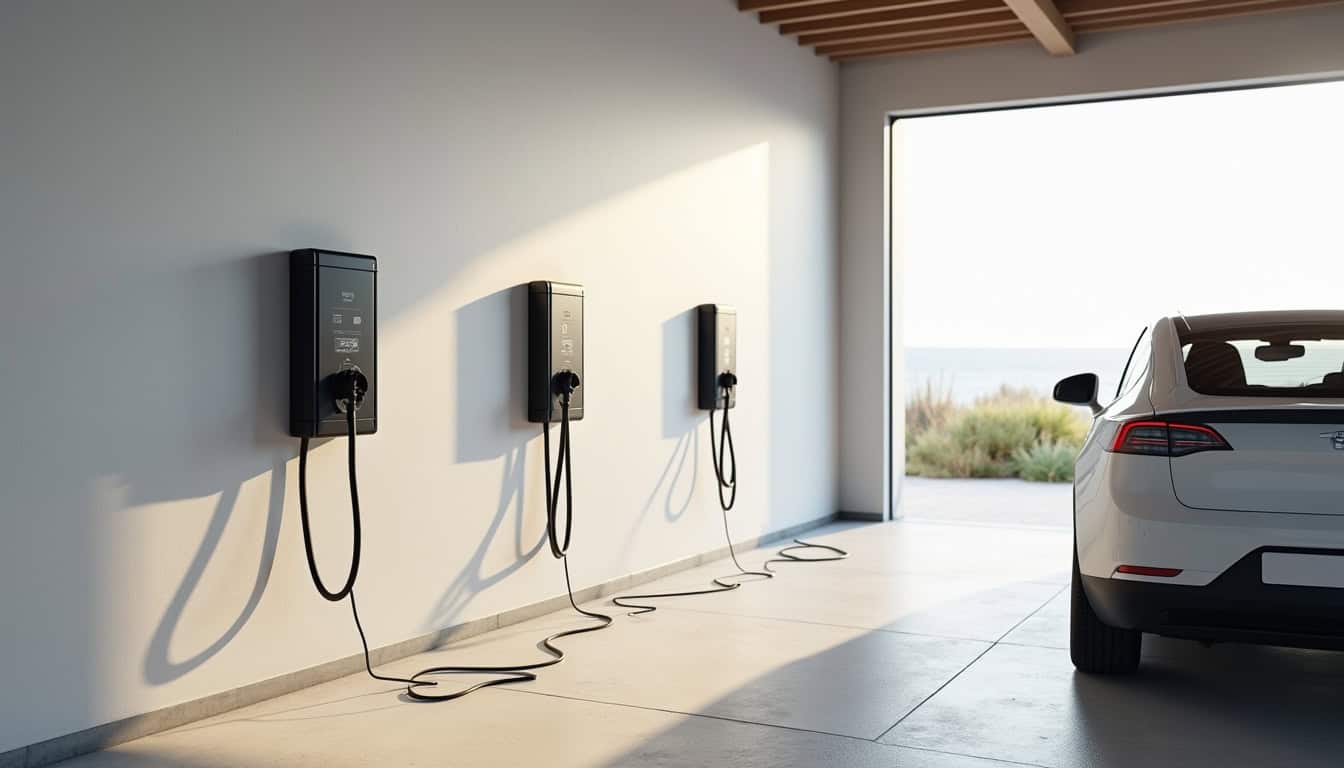 Différents types de bornes de recharge électrique installées dans un garage à Cavalaire-sur-Mer