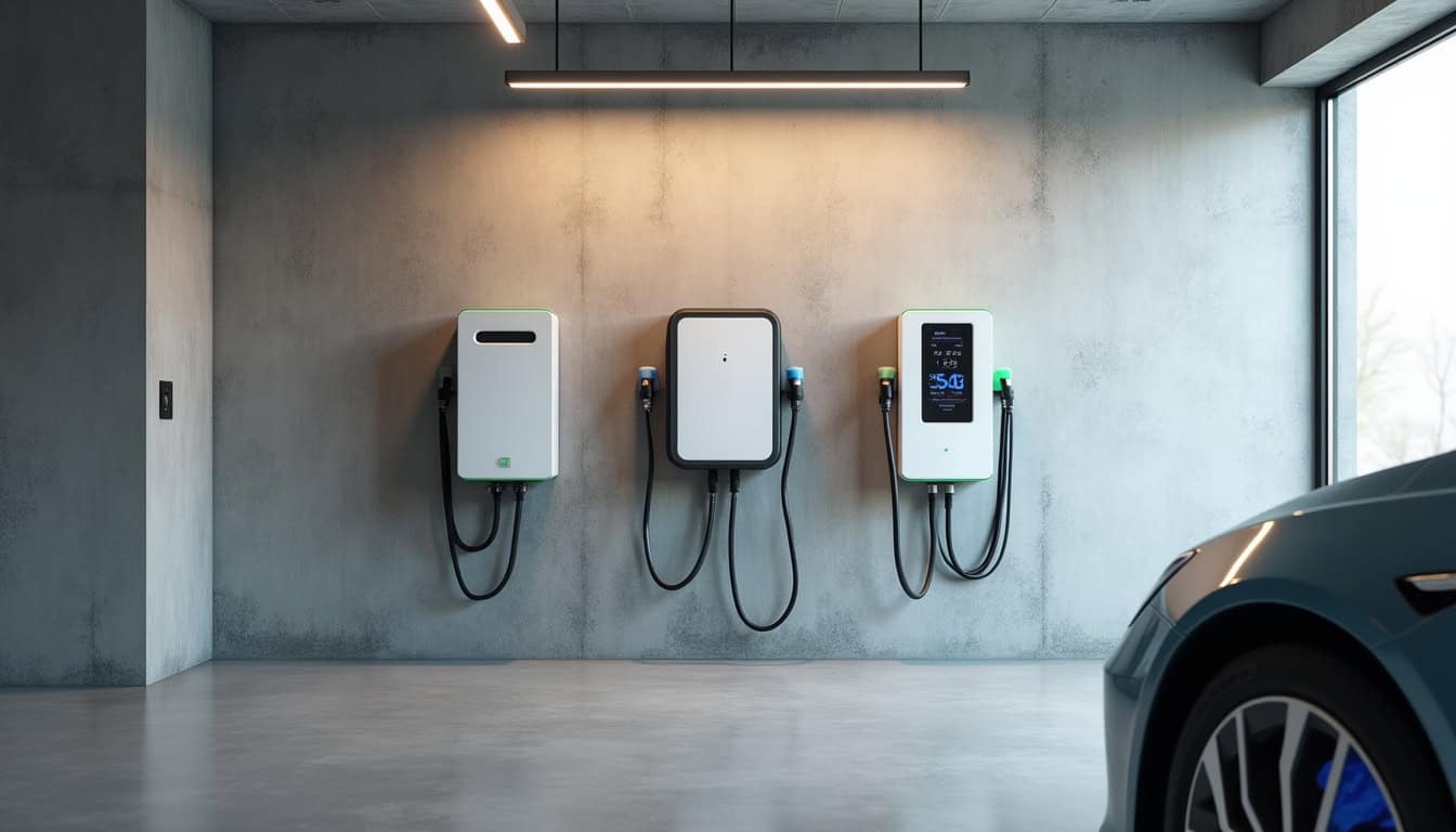 Différents types de bornes de recharge électrique installées dans un garage à Frasne