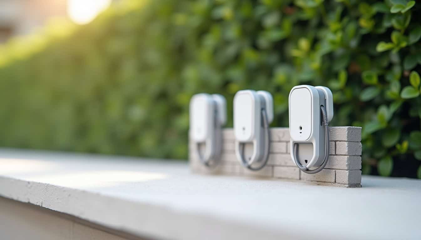 Différents types de bornes de recharge électrique installées en extérieur: wallbox monophasée, triphasée et prise renforcée