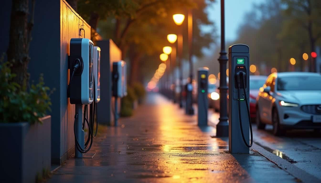 Différents types de bornes de recharge électrique installées en extérieur