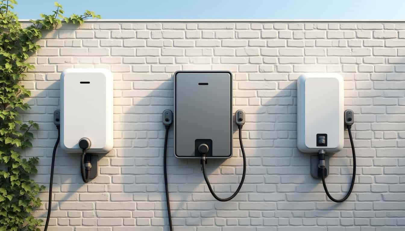 Différents types de bornes de recharge électrique installées sur un mur extérieur