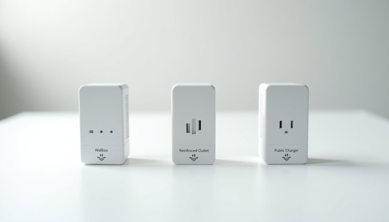 Différents types de bornes de recharge électrique: wallbox, prise renforcée, borne publique
