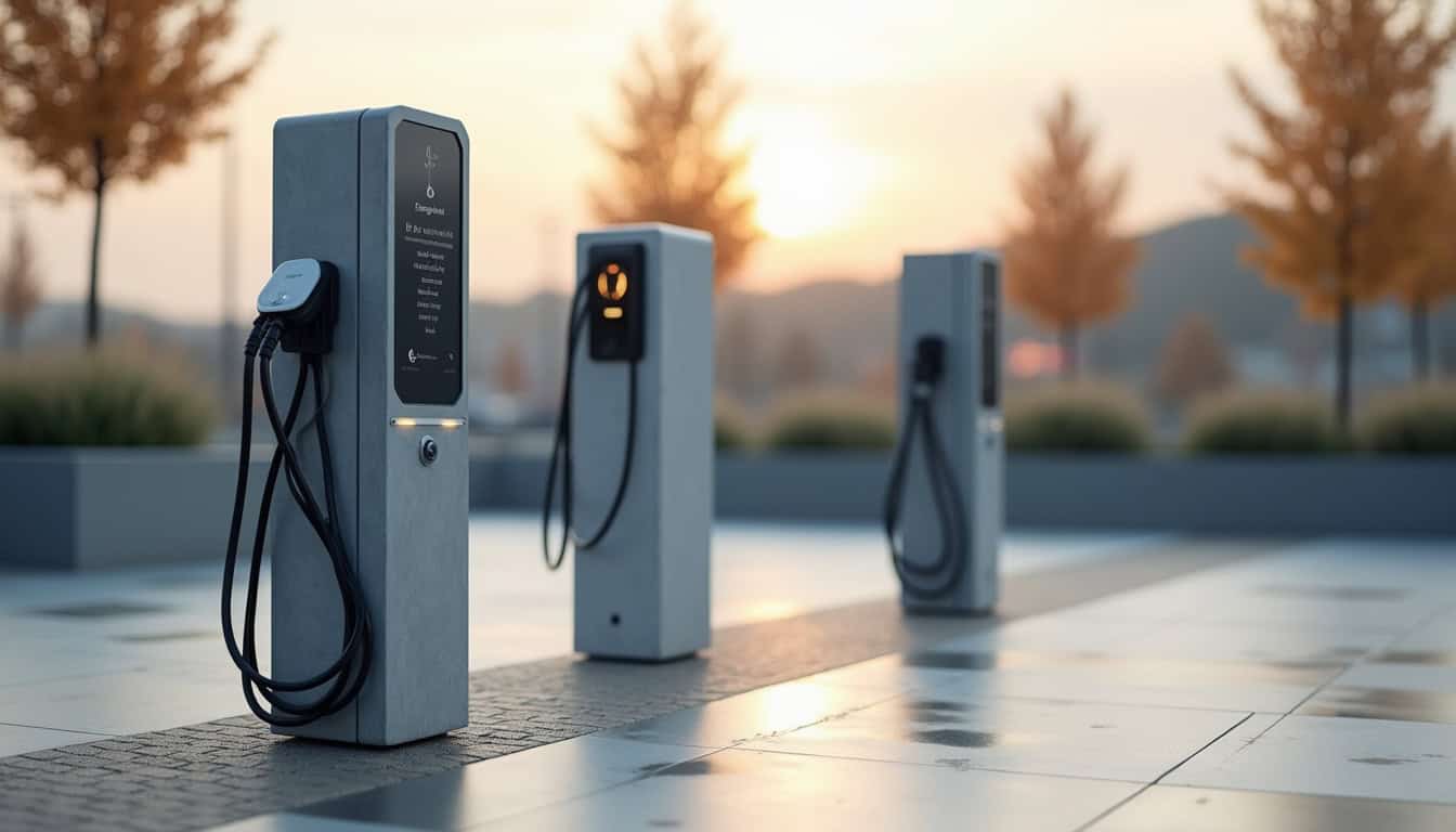 Différents types de bornes de recharge pour véhicules électriques installées en extérieur