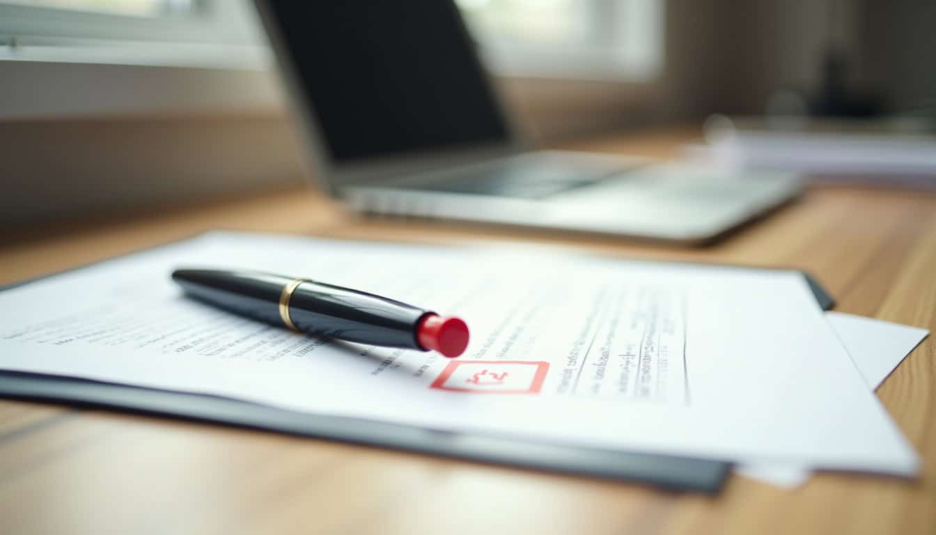Document administratif avec tampon et stylo sur un bureau