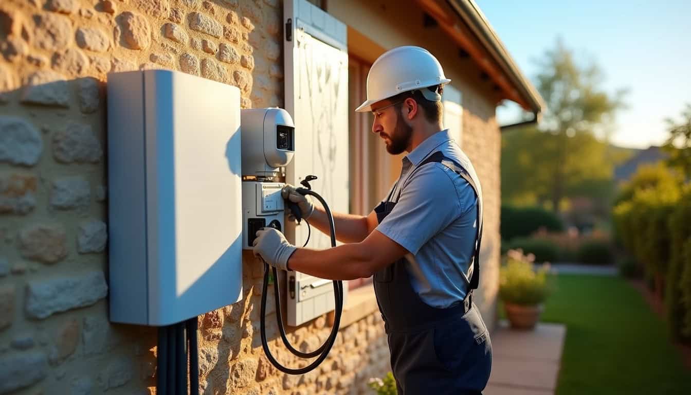Électricien certifié IRVE en train de poser une borne de recharge à Gensac-la-Pallue
