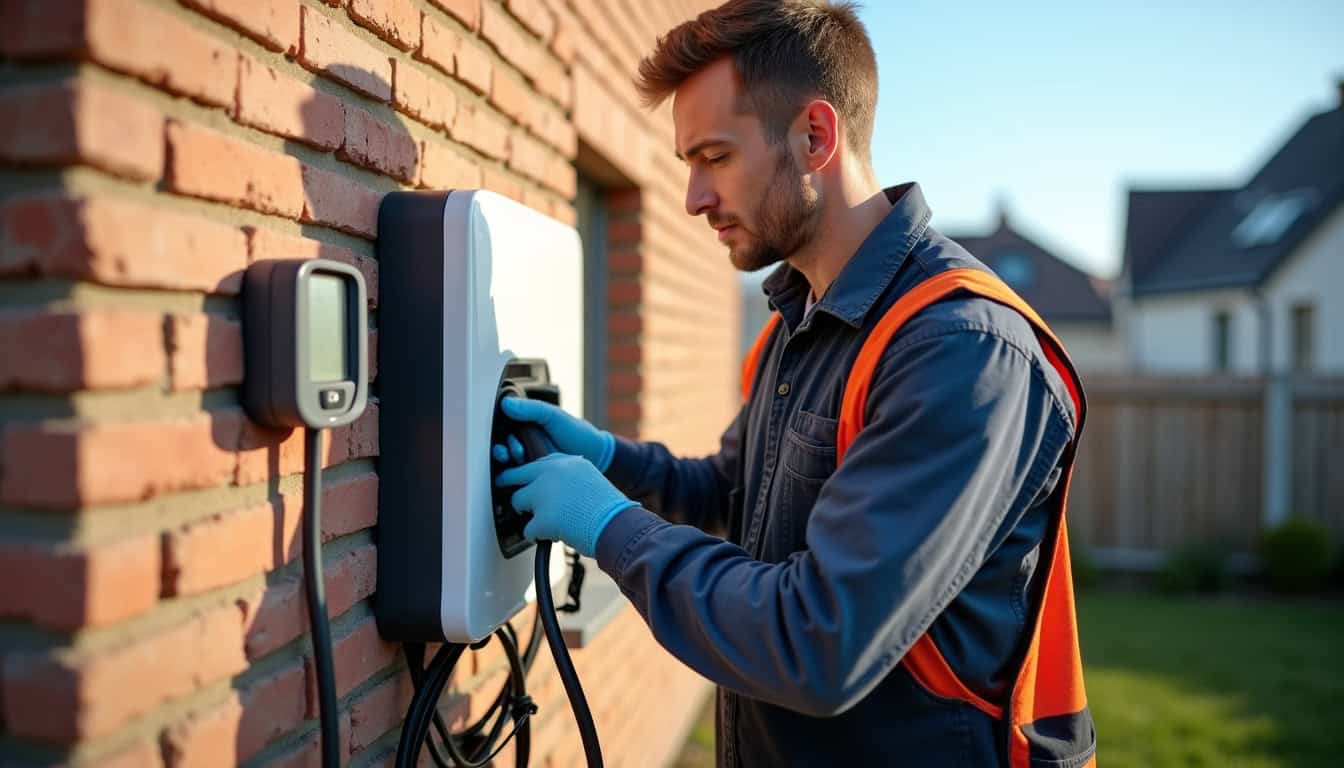 Électricien certifié IRVE en train de poser une borne de recharge à Saint-Pryvé-Saint-Mesmin