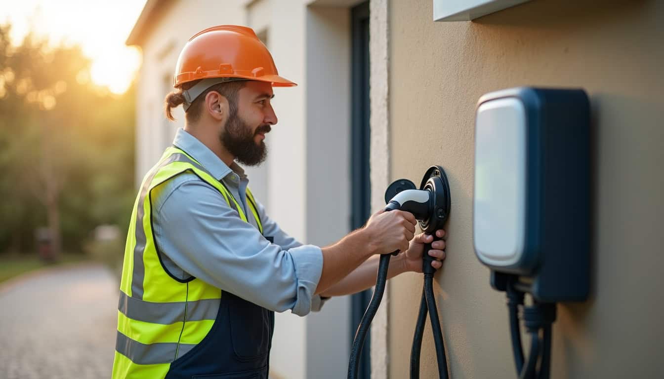 Électricien certifié IRVE en train de poser une borne de recharge électrique à L