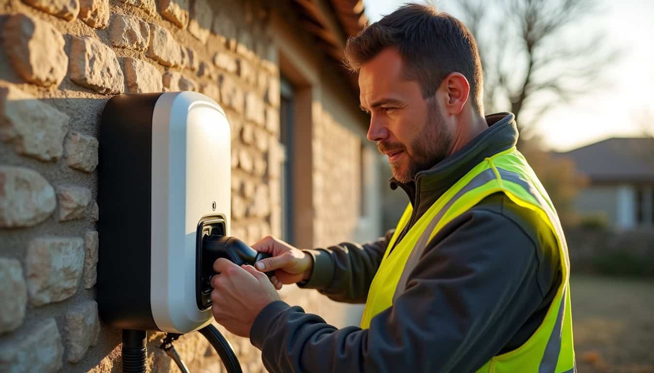 Électricien certifié IRVE en train de poser une borne électrique à Cunlhat