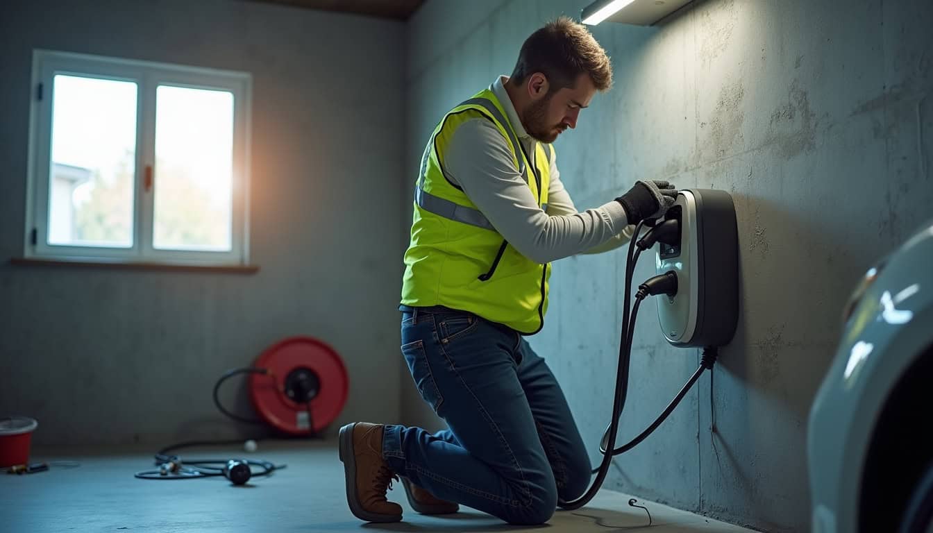 Électricien certifié IRVE en train de raccorder une borne de recharge électrique