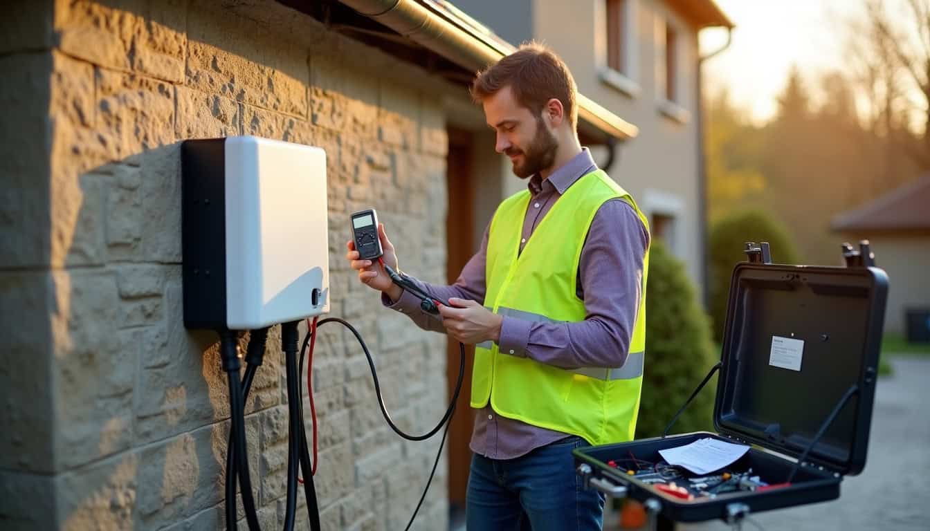 Électricien certifié IRVE en train de tester une borne de recharge nouvellement installée à Dourdan