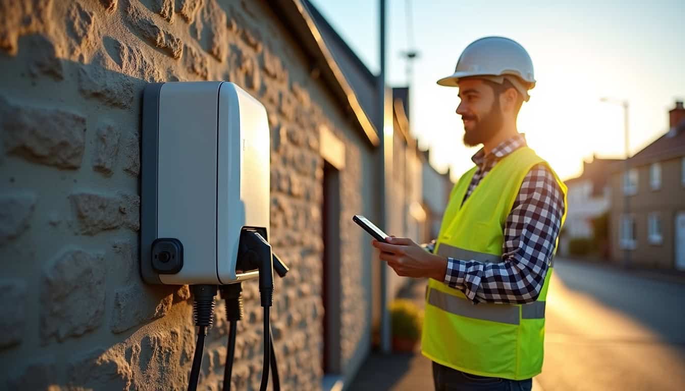 Électricien certifié IRVE en train de tester une borne de recharge nouvellement installée à Pont-Croix