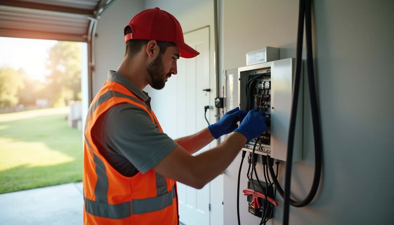Électricien certifié IRVE en train de travailler sur le tableau électrique avant installation de la borne