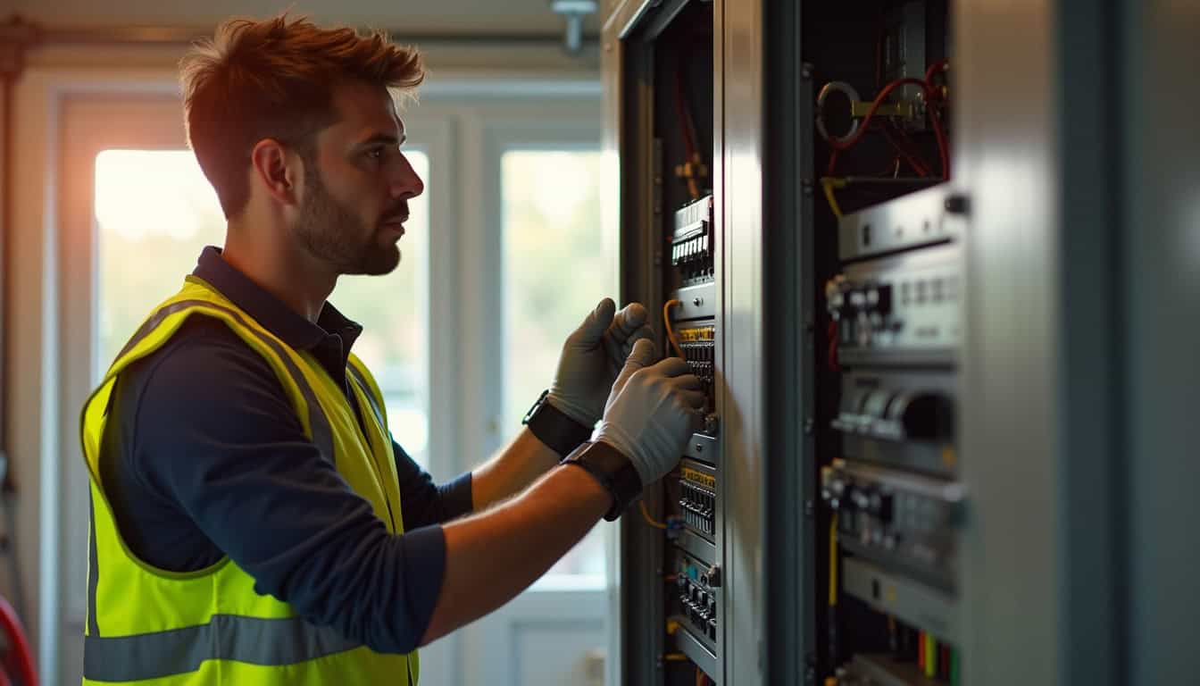 Électricien certifié IRVE en train de vérifier un tableau électrique à Mirecourt