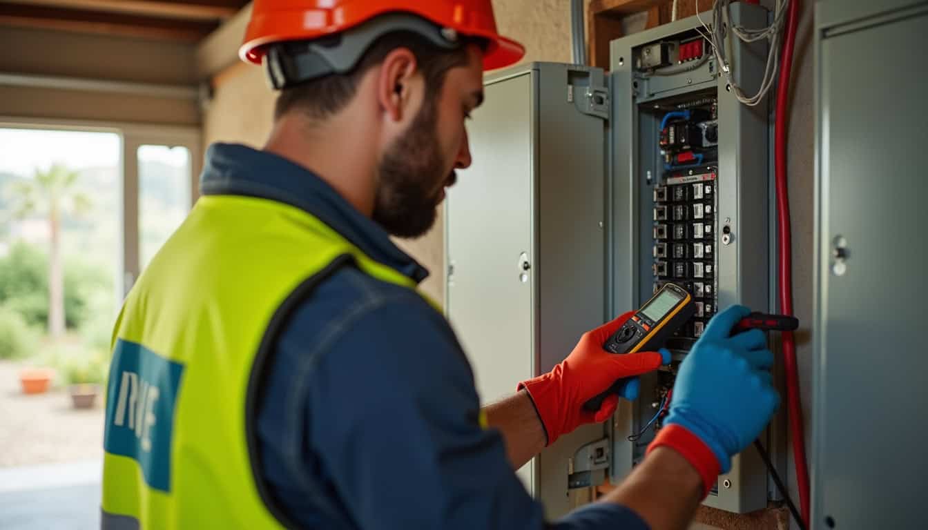 Électricien certifié IRVE en train de vérifier un tableau électrique avant installation d'une borne à Lachassagne
