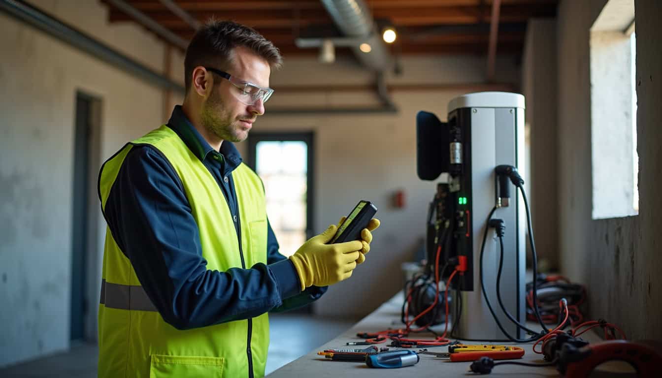 Électricien certifié IRVE en train de vérifier une installation électrique pour une borne de recharge