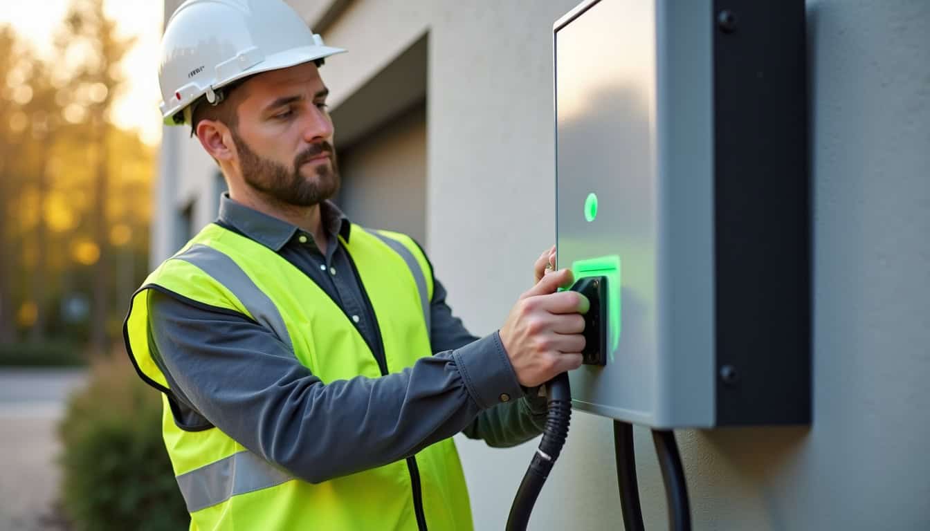 Électricien certifié IRVE en train d'installer une borne de recharge à Anglefort