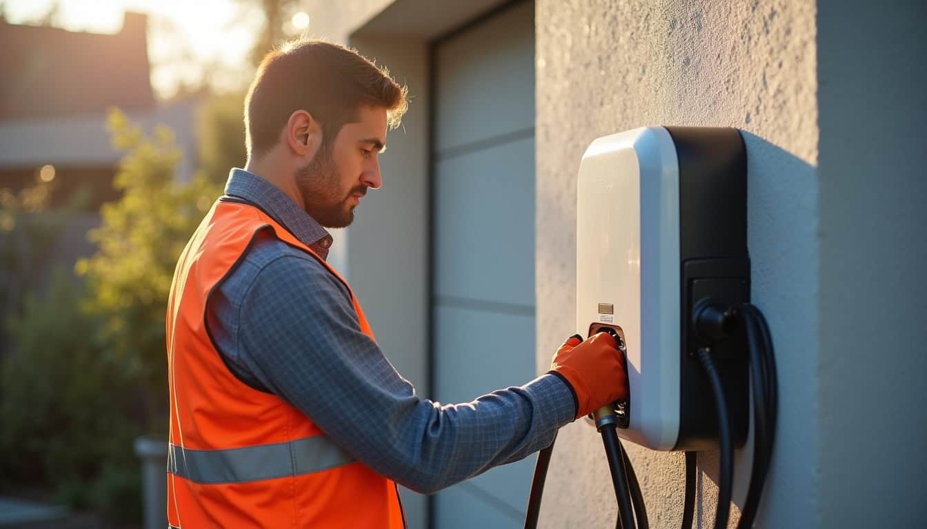 Électricien certifié IRVE en train d'installer une borne de recharge à Annay