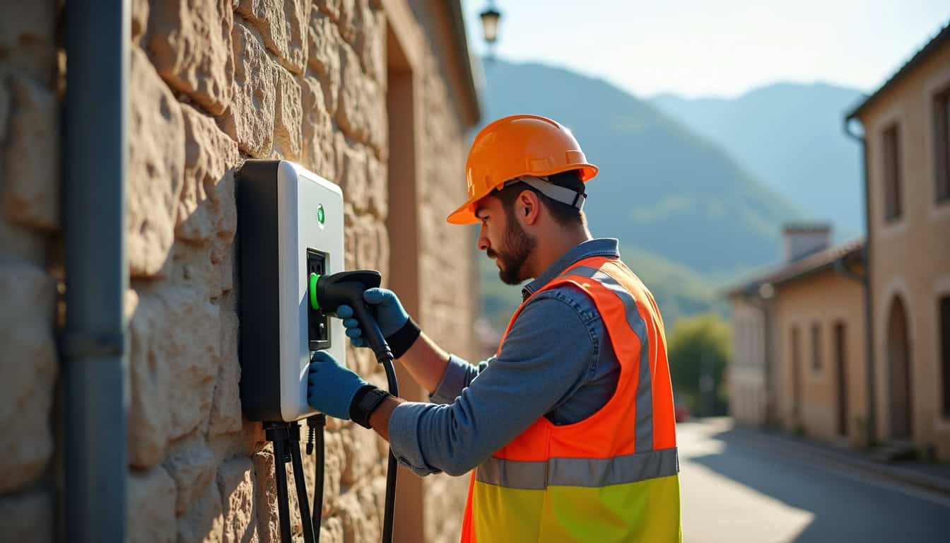 Électricien certifié IRVE en train d'installer une borne de recharge à Bagnères-de-Luchon