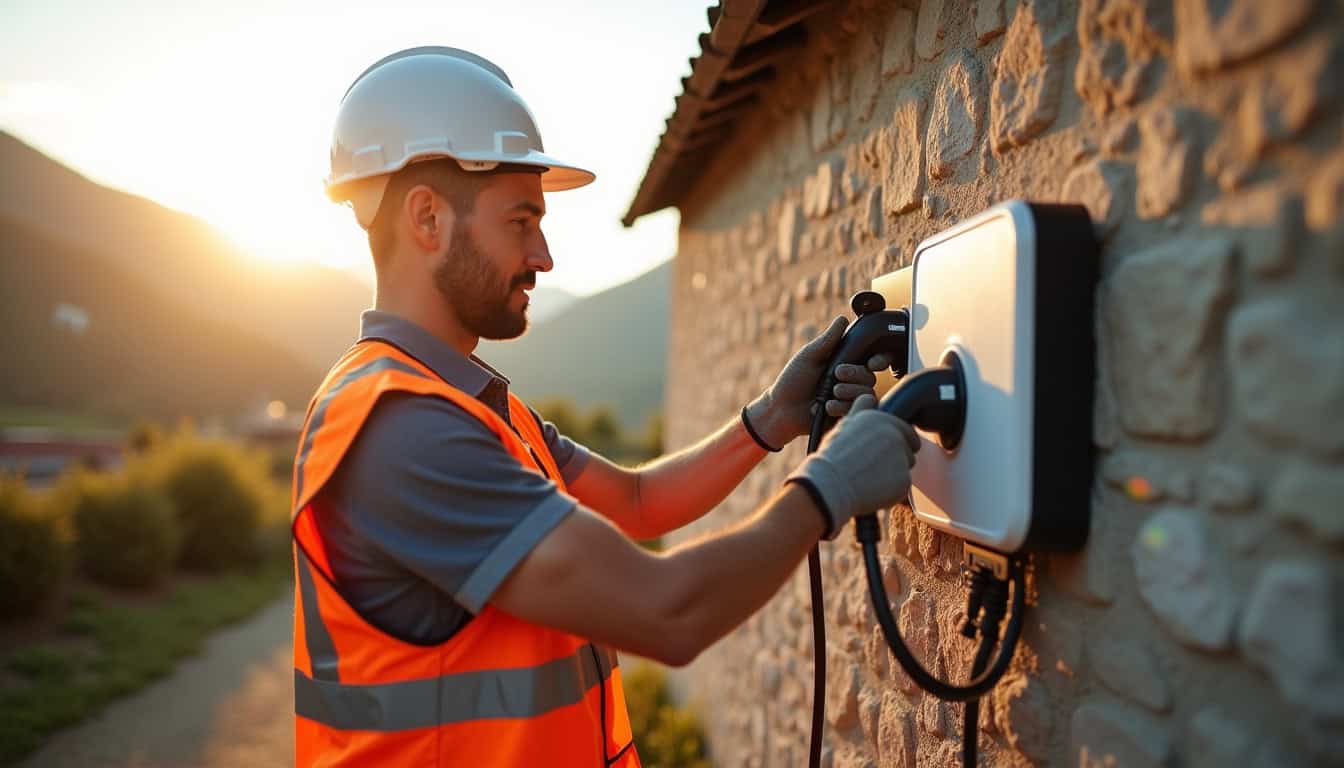 Électricien certifié IRVE en train d'installer une borne de recharge à Barraux