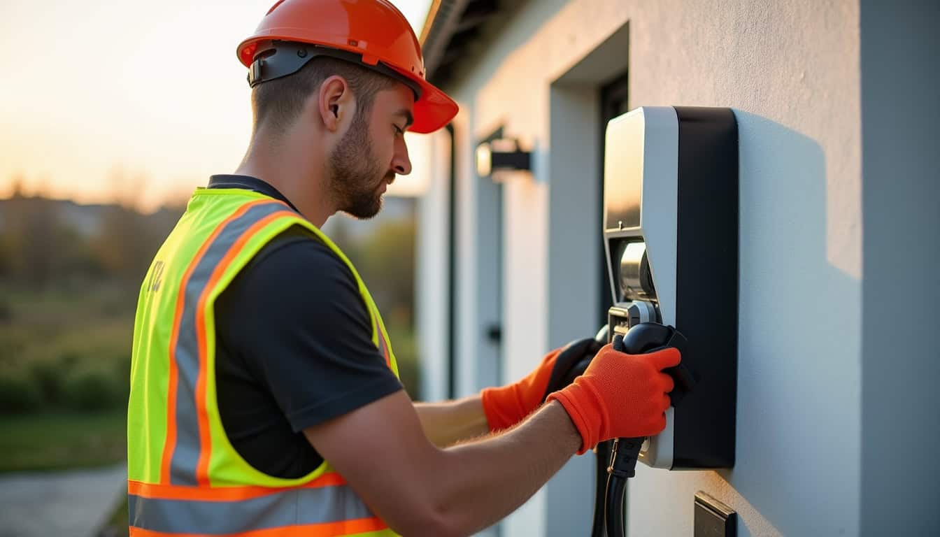 Électricien certifié IRVE en train d'installer une borne de recharge à Bézu-Saint-Éloi