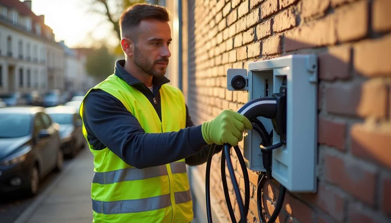 Électricien certifié IRVE en train d'installer une borne de recharge à Bobigny