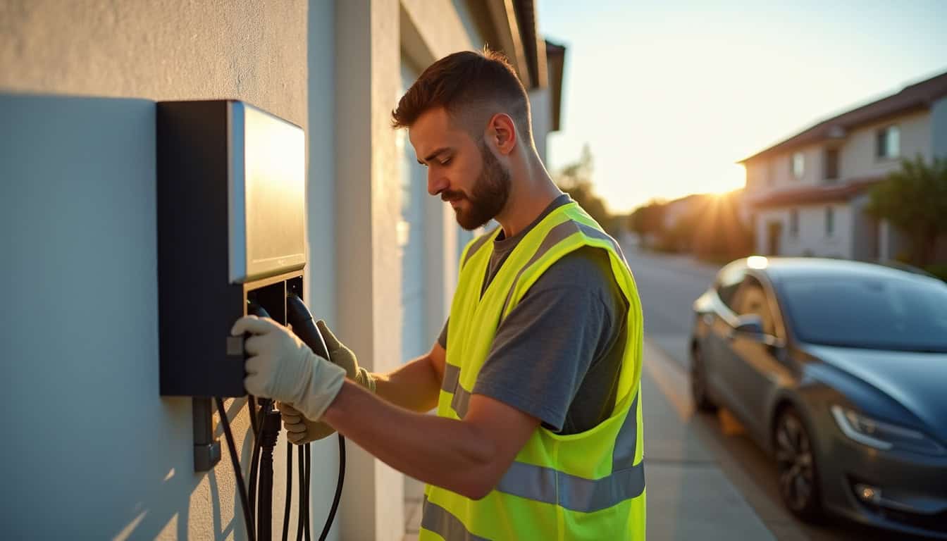 Électricien certifié IRVE en train d'installer une borne de recharge à Cestas