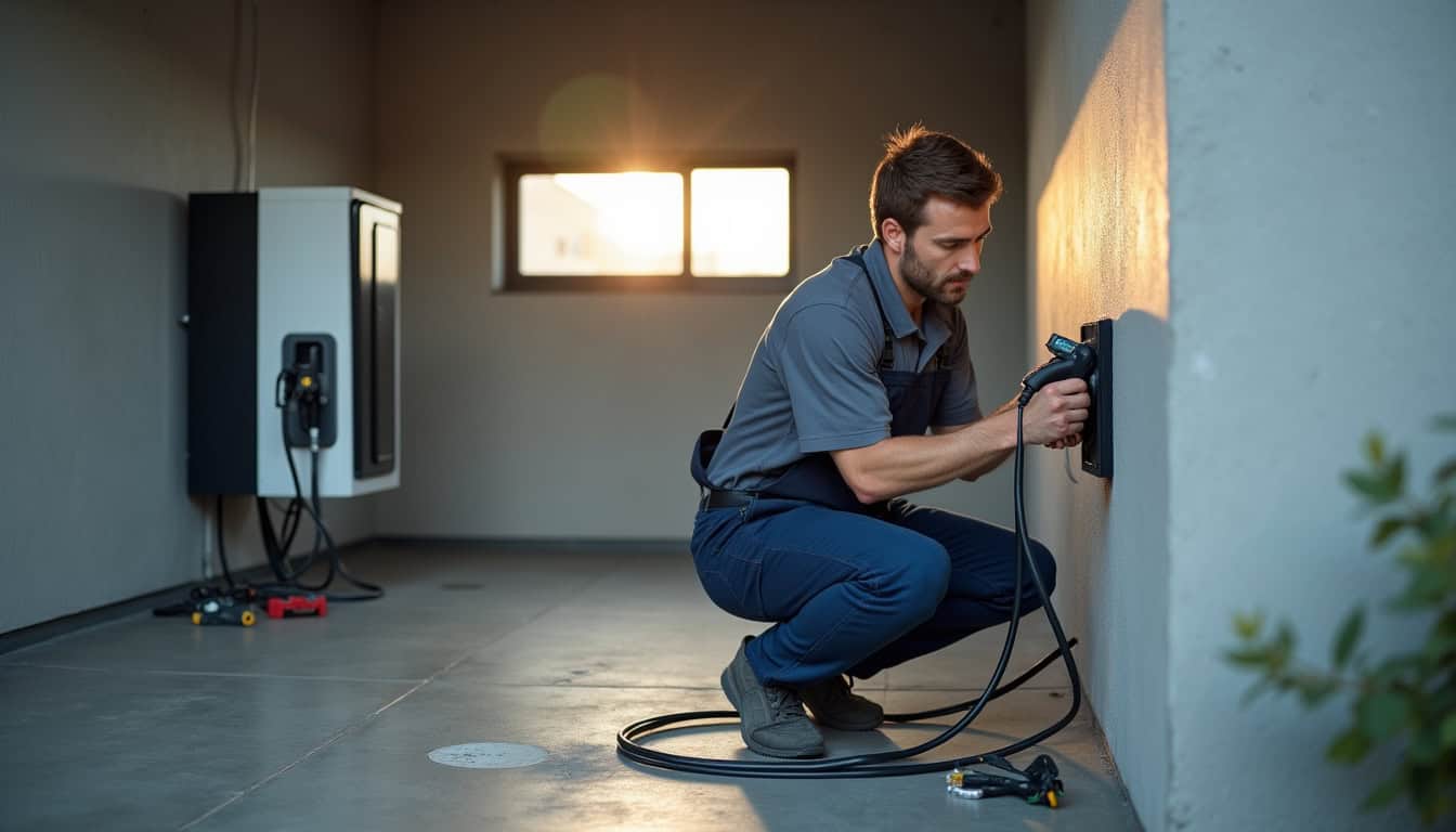 Électricien certifié IRVE en train d'installer une borne de recharge à Champanges