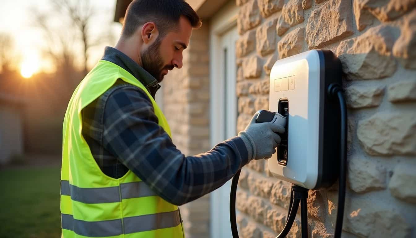 Électricien certifié IRVE en train d'installer une borne de recharge à Chassenard