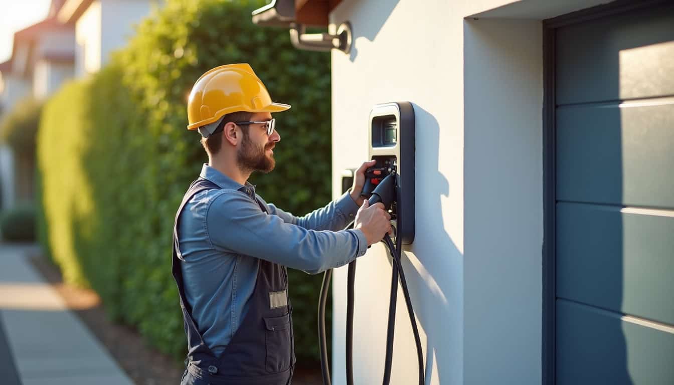Électricien certifié IRVE en train d'installer une borne de recharge à Clef Vallée d'Eure