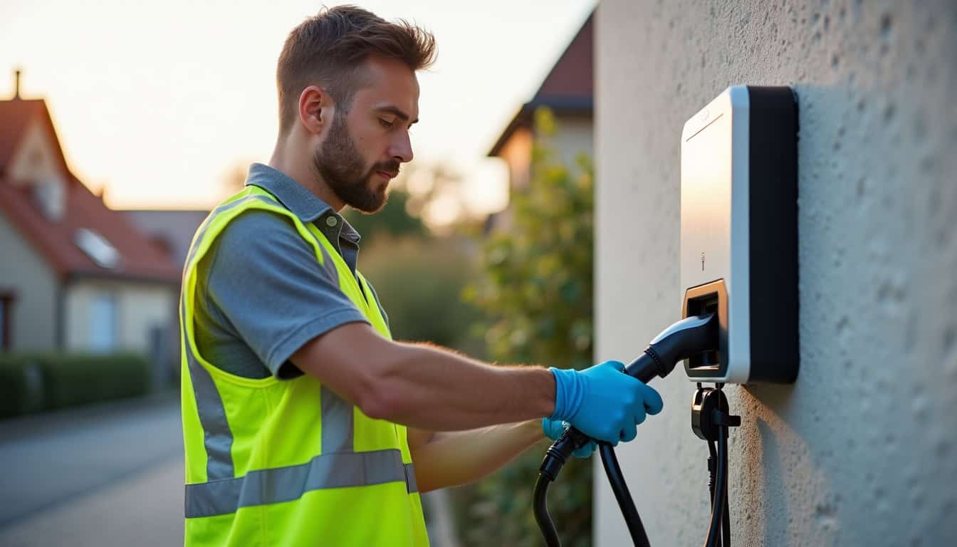 Électricien certifié IRVE en train d'installer une borne de recharge à Colmar