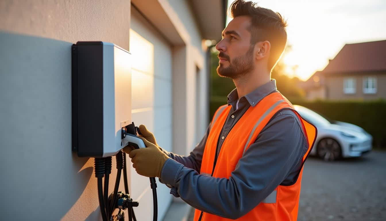 Électricien certifié IRVE en train d’installer une borne de recharge à Dieulouard