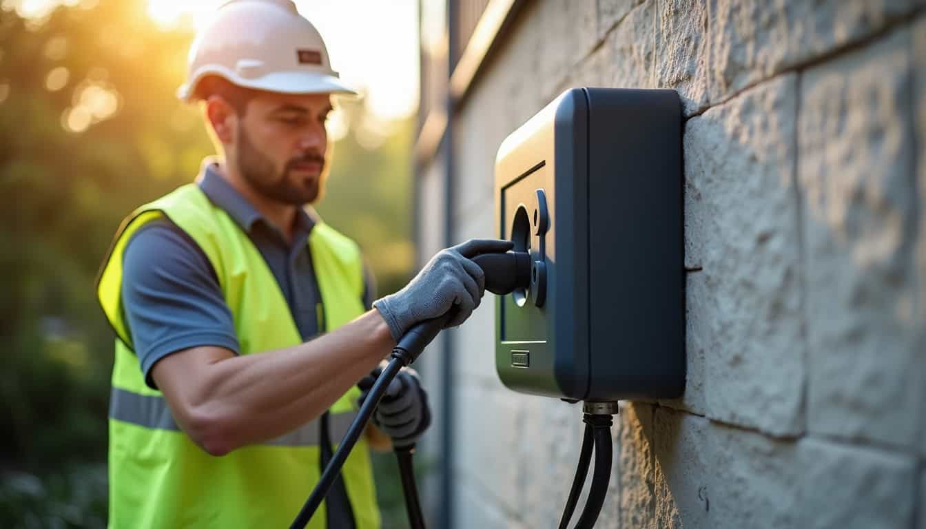 Électricien certifié IRVE en train d'installer une borne de recharge à Distré