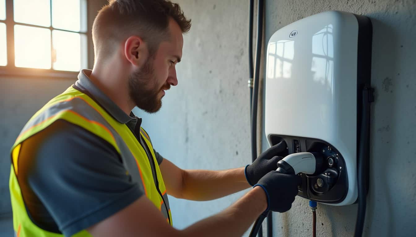Électricien certifié IRVE en train d'installer une borne de recharge à Esternay