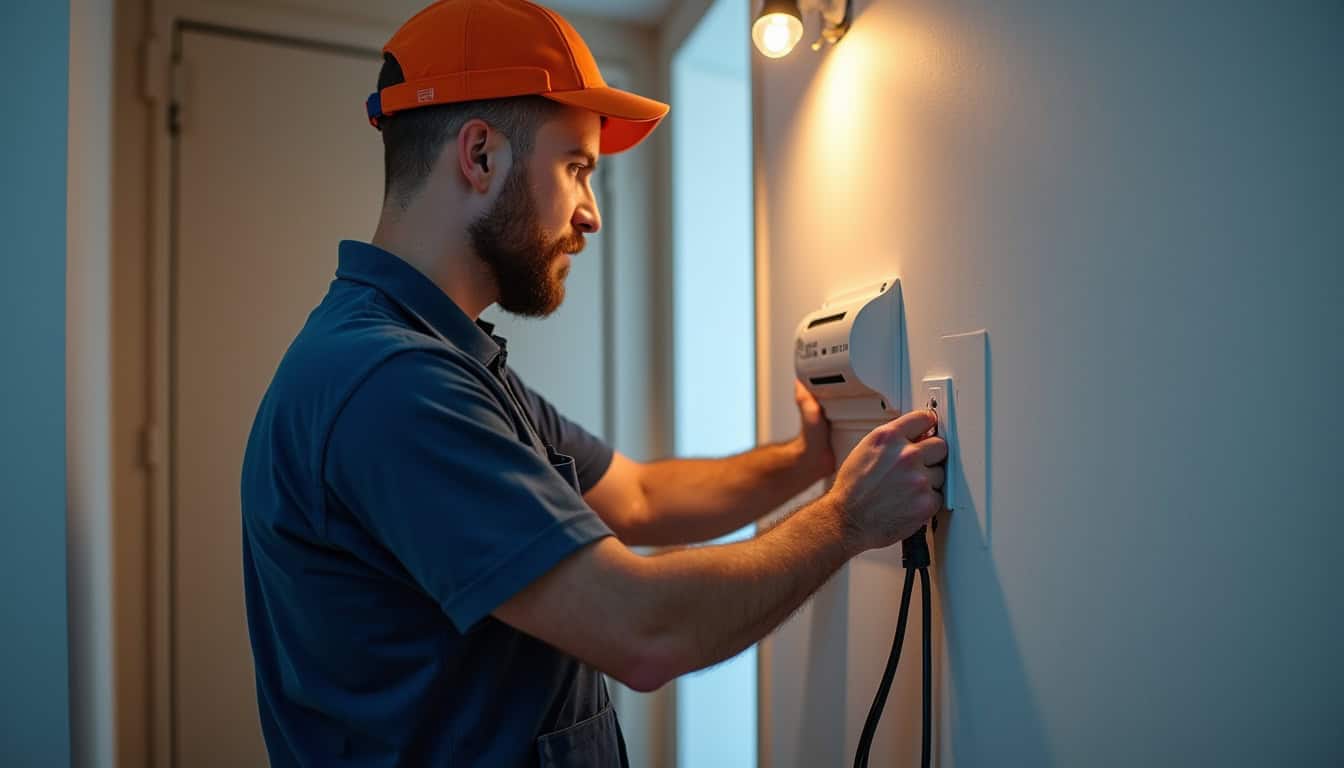 Électricien certifié IRVE en train d'installer une borne de recharge à La Cluse-et-Mijoux