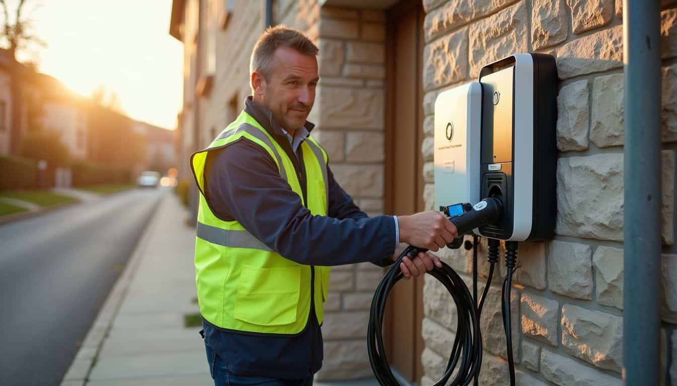 Électricien certifié IRVE en train d'installer une borne de recharge à Luzech