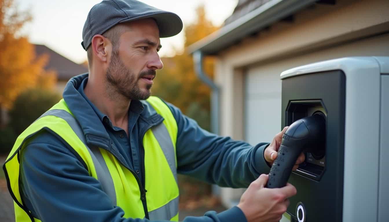 Électricien certifié IRVE en train d'installer une borne de recharge à Mainvilliers